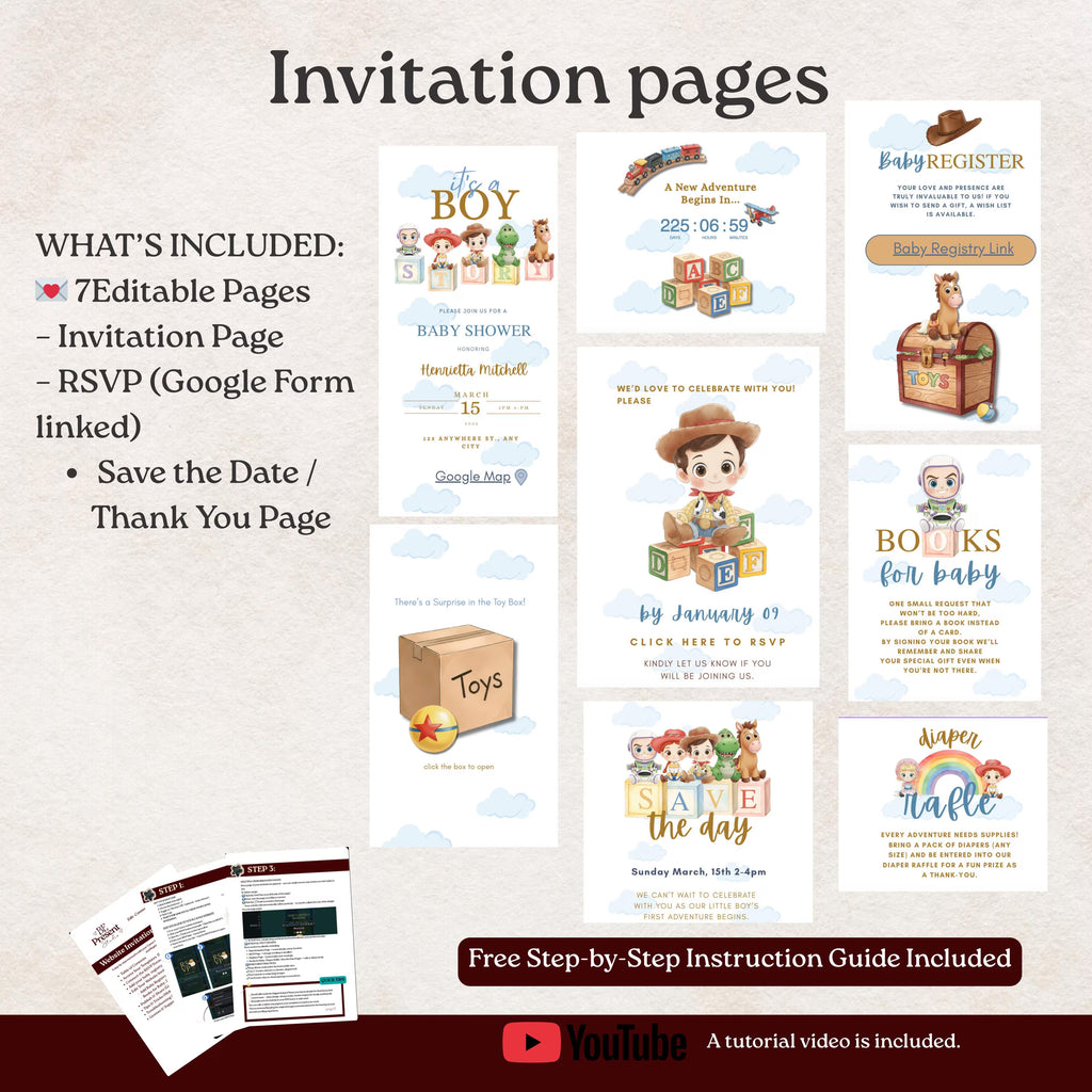 It's A Boy Story Baby Shower Website Invitation  Editable Canva Baby Shower Website Template Digital Invite with Music