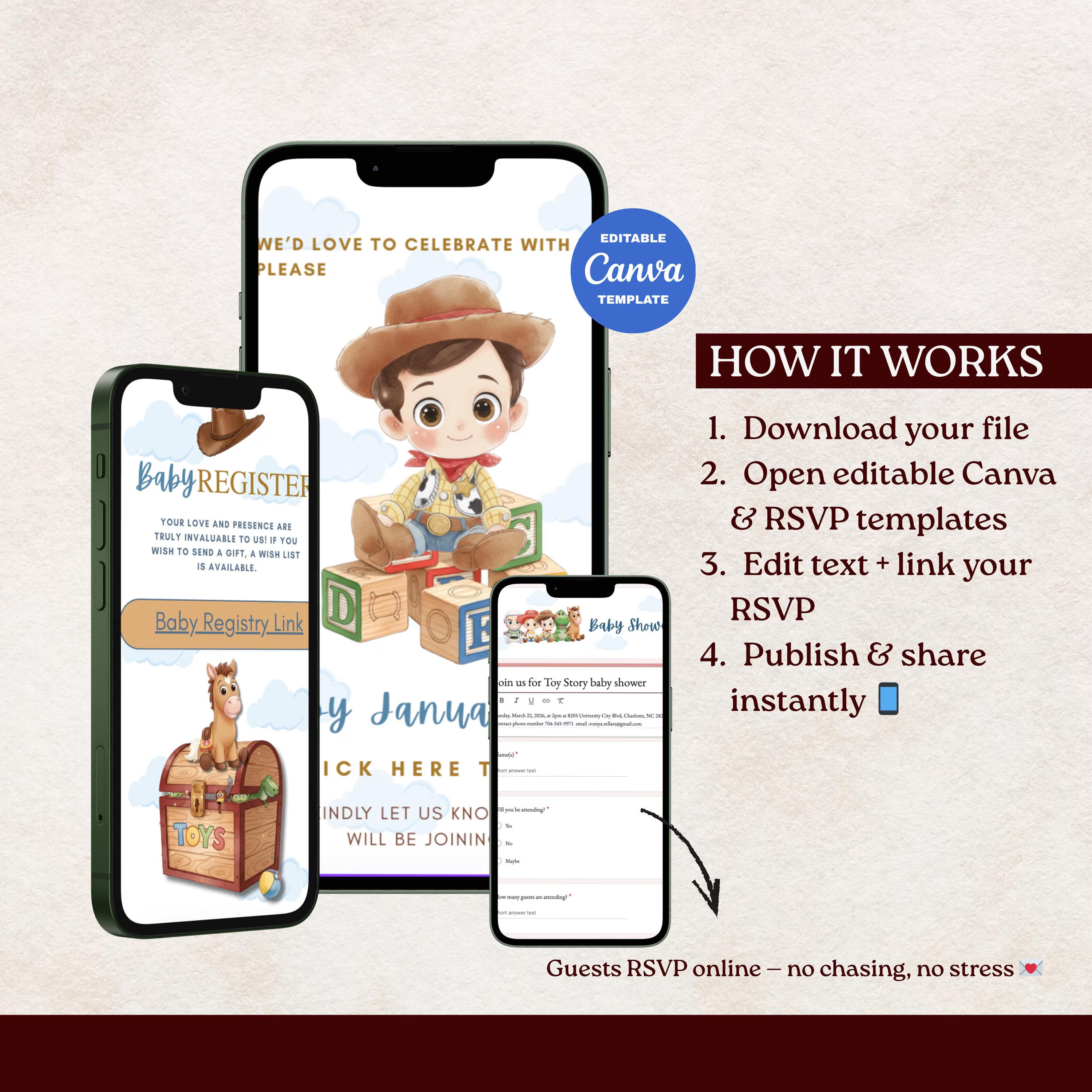 It's A Boy Story Baby Shower Website Invitation  Editable Canva Baby Shower Website Template Digital Invite with Music