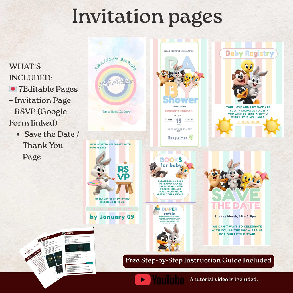 Baby Looney Tunes Baby Shower Website Template | Editable Canva Invitation with Music