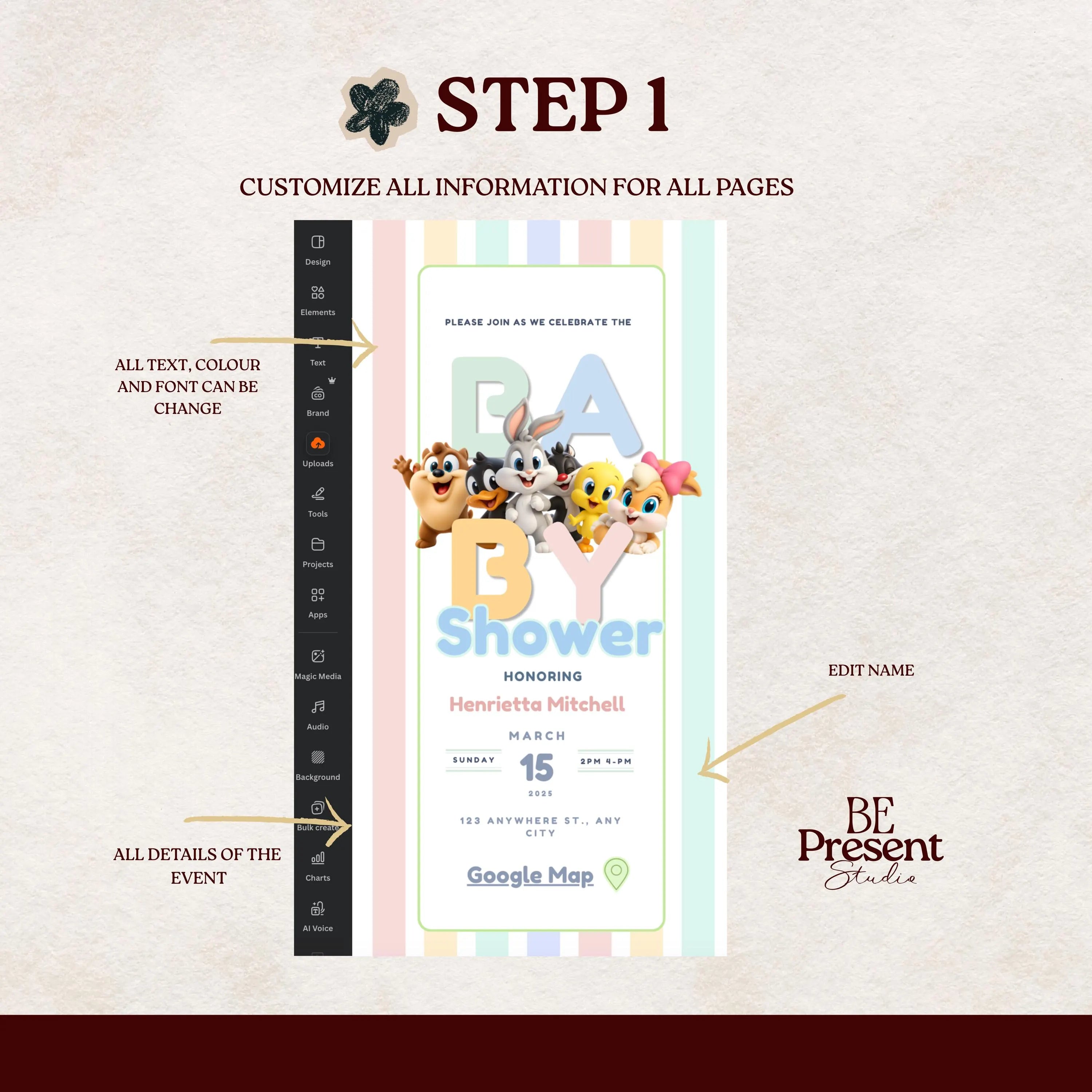 Baby Looney Tunes Baby Shower Website Template | Editable Canva Invitation with Music