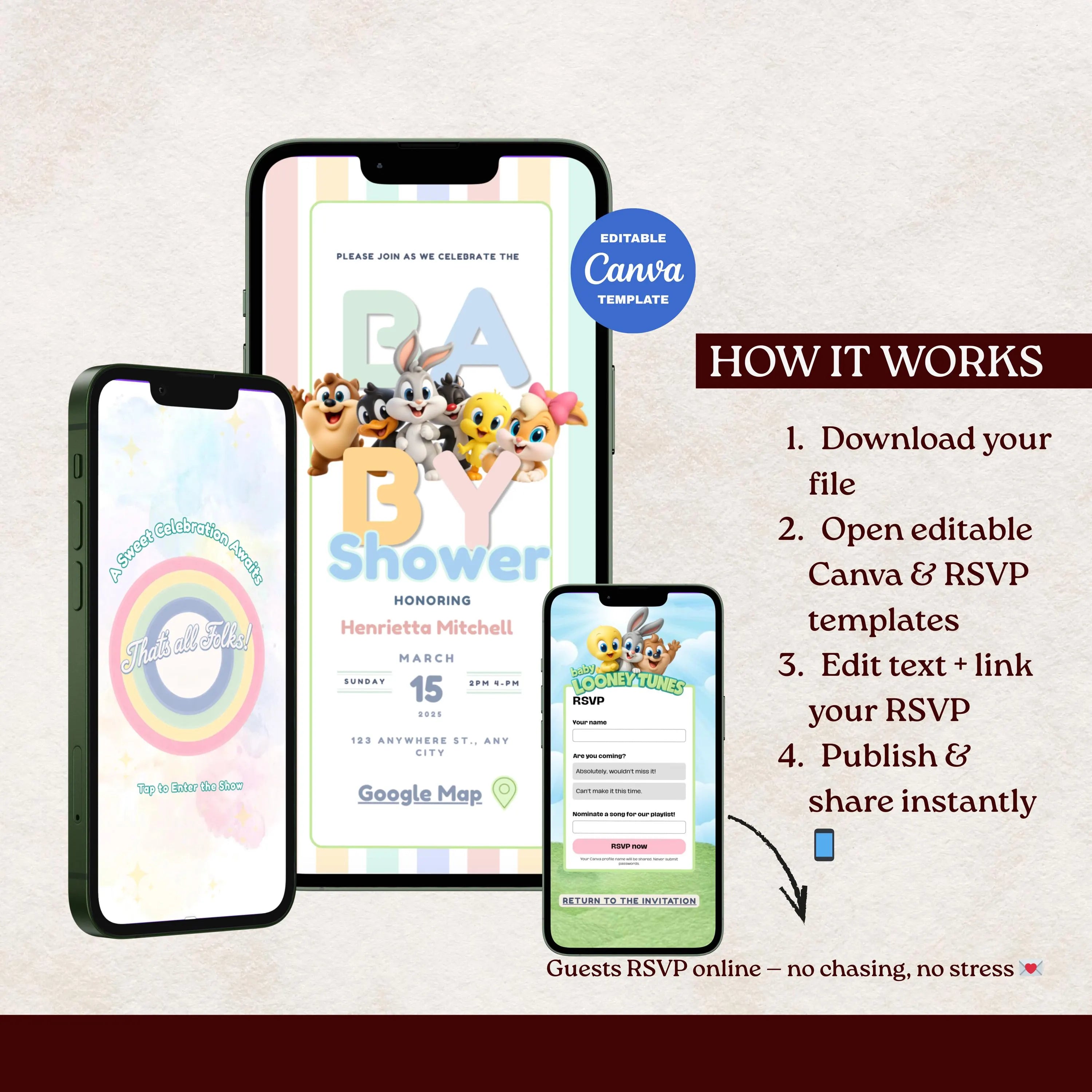 Baby Looney Tunes Baby Shower Website Template | Editable Canva Invitation with Music