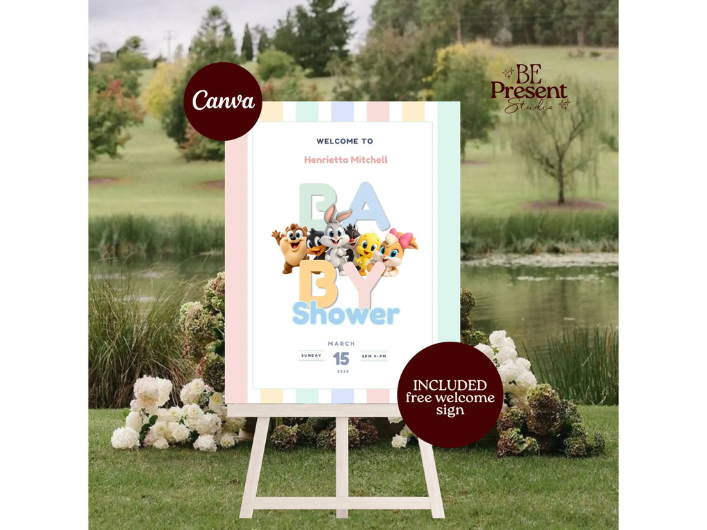 Baby Looney Tunes Baby Shower Website Template | Editable Canva Invitation with Music