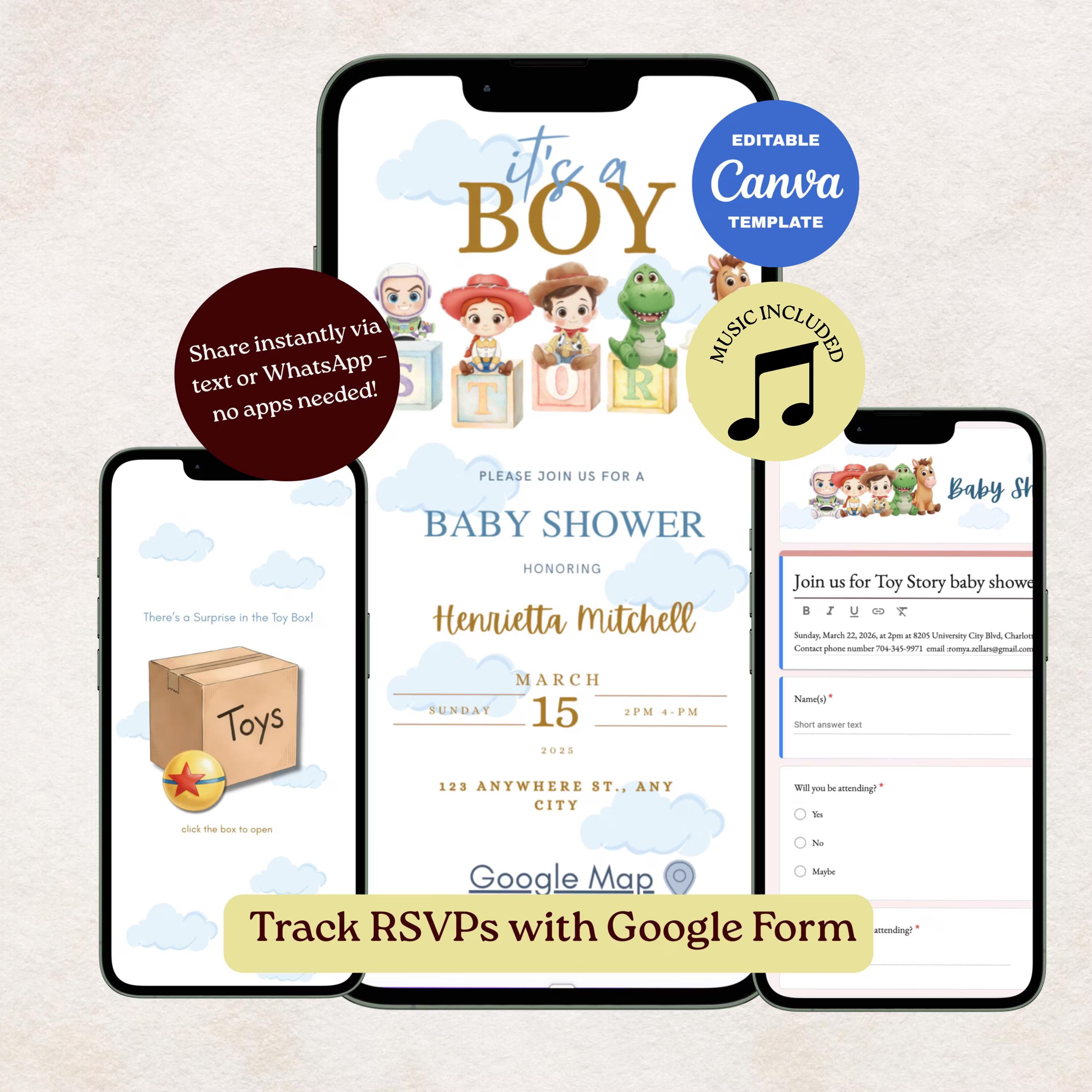 It's A Boy Story Baby Shower Website Invitation  Editable Canva Baby Shower Website Template Digital Invite with Music