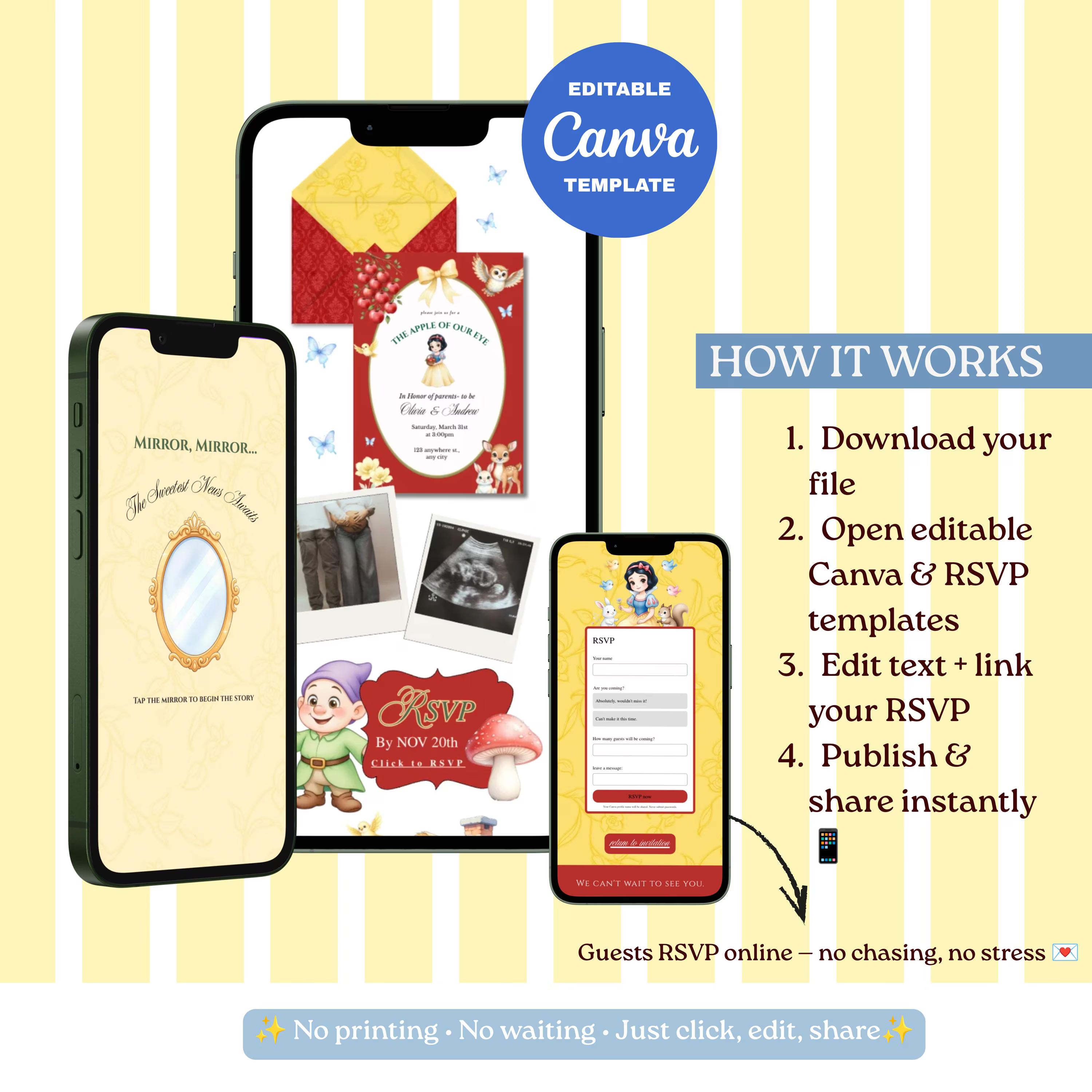 The Apple of Our Eye Snow White Baby Shower Website Template | Editable Canva Invitation