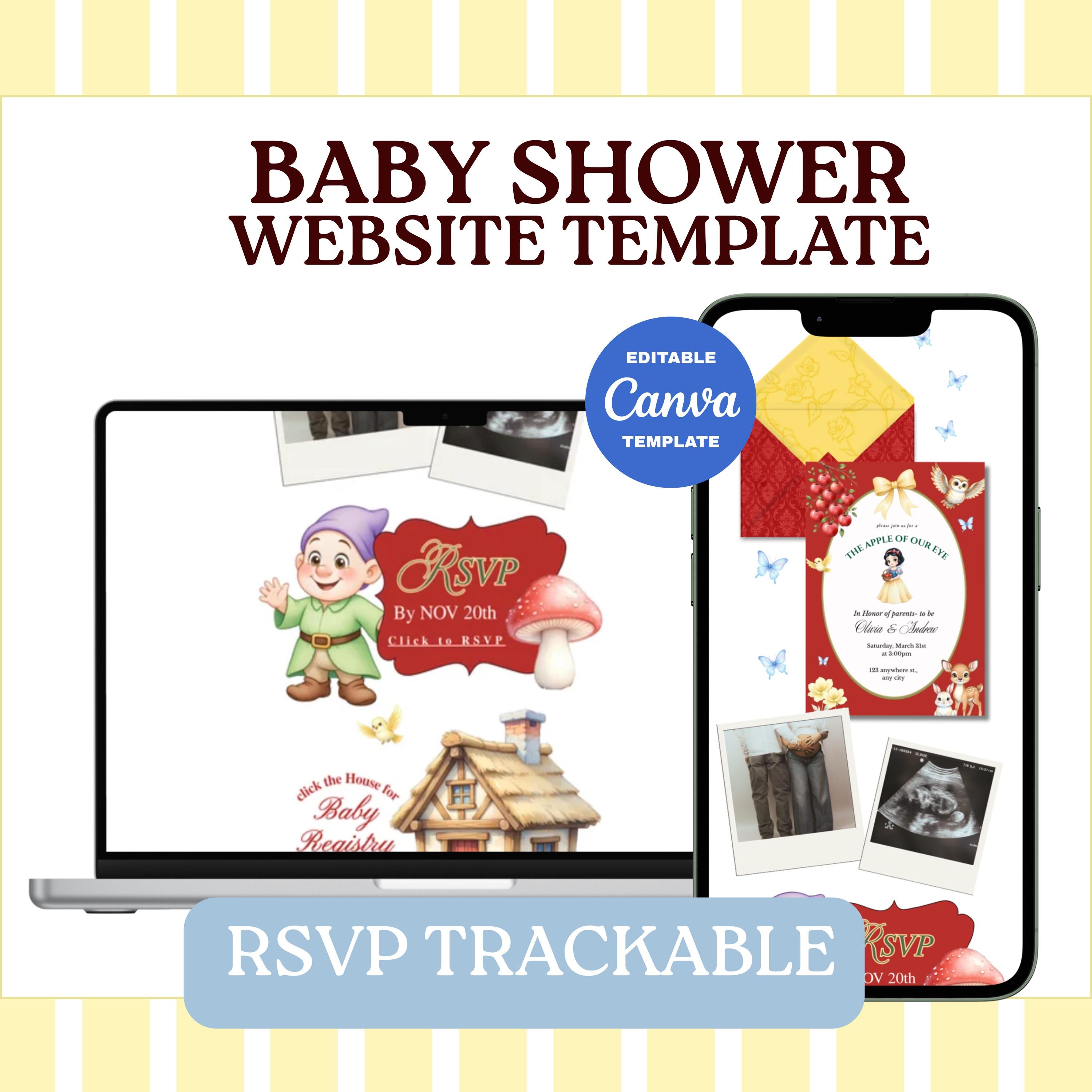 The Apple of Our Eye Snow White Baby Shower Website Template | Editable Canva Invitation