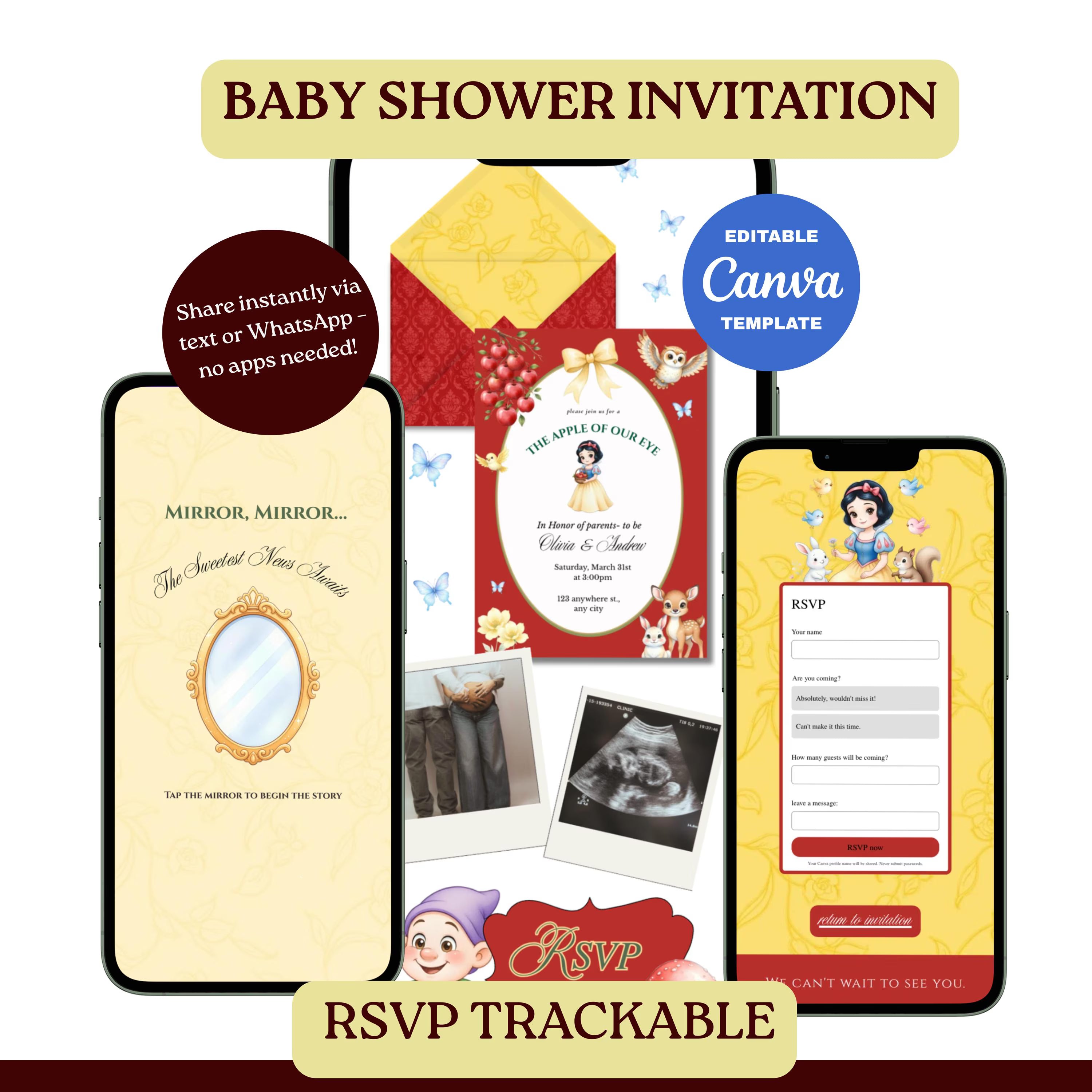 The Apple of Our Eye Snow White Baby Shower Website Template | Editable Canva Invitation