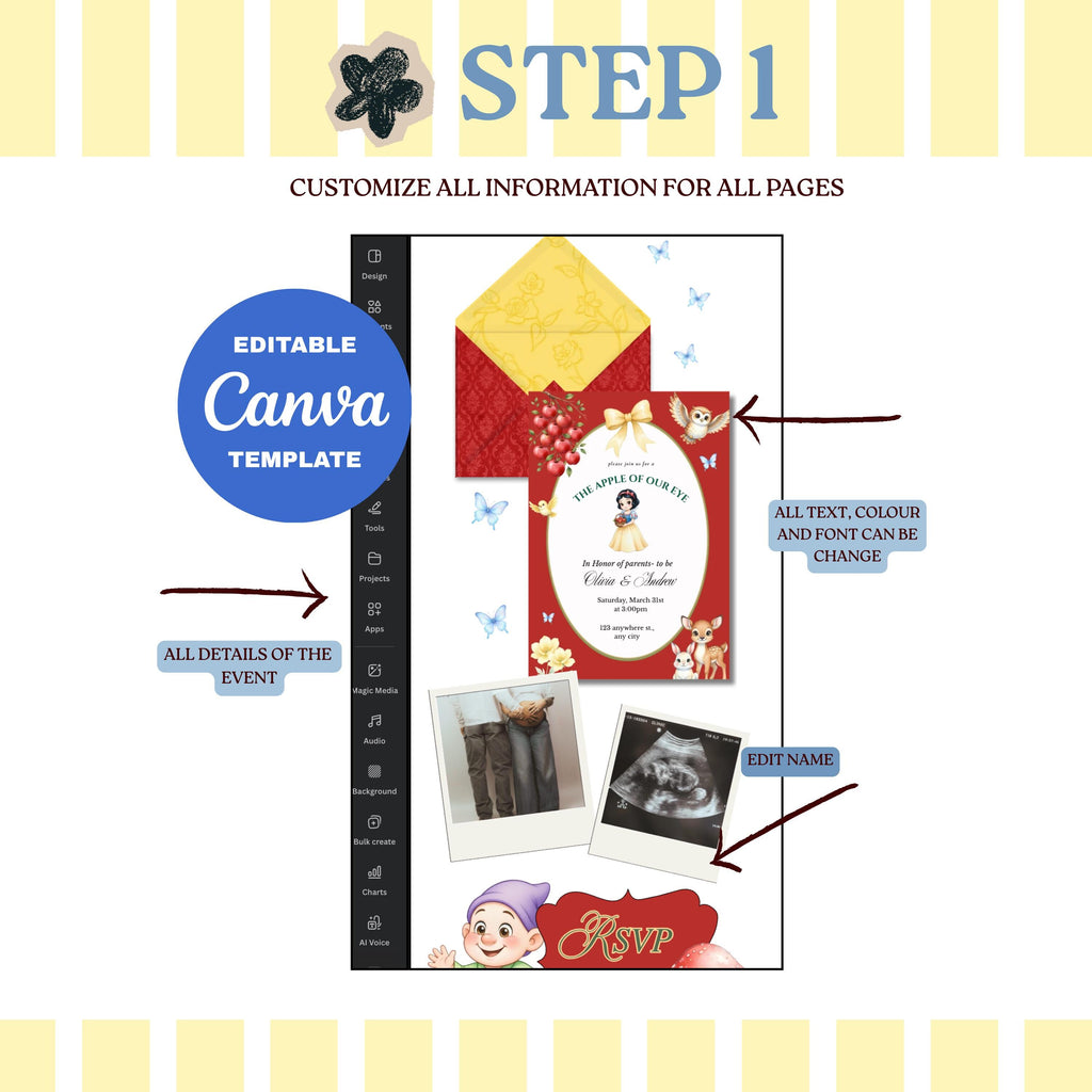 The Apple of Our Eye Snow White Baby Shower Website Template | Editable Canva Invitation